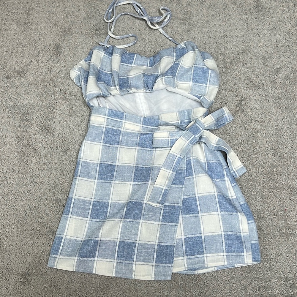 Lovers + Friends Blue Plaid Halter Wrap Dress